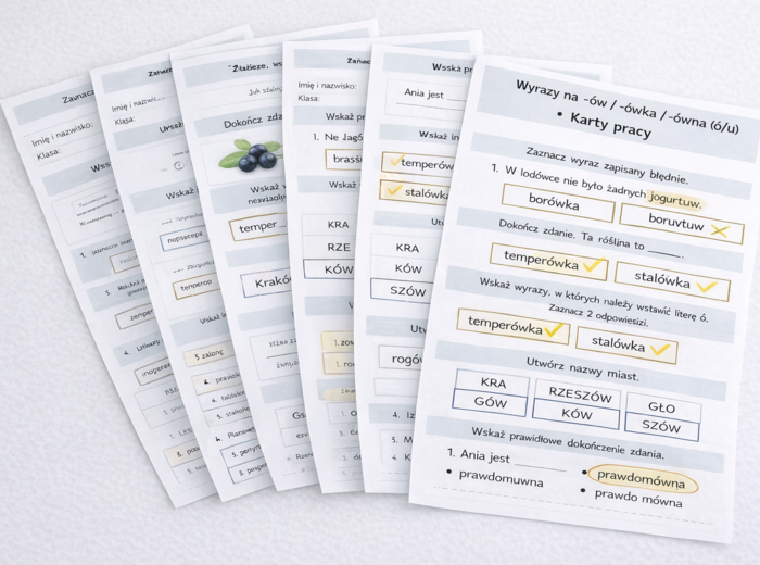 WYRAZY ZAKOŃCZONE NA -ÓW, -ÓWKA, -ÓWNA [Karta pracy, sprawdzian]