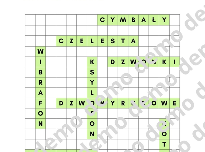 Muzyka, klasa 4. Instrumenty perkusyjne. Karty pracy: dwie wykreślanki.