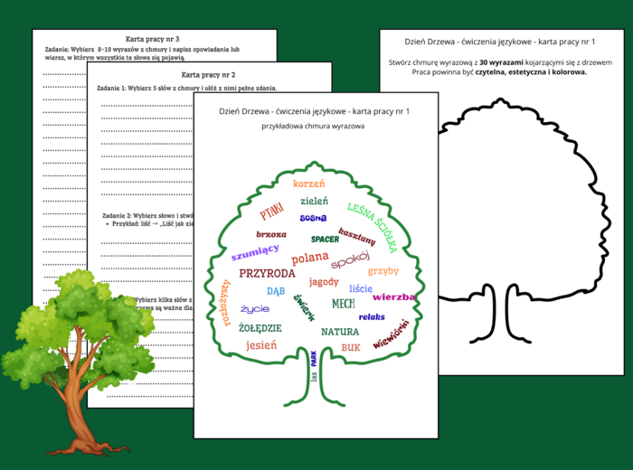 🌳🌲 Dzień Drzewa - Dzień Lasów - Dzień Spadającego Liścia 🍂 – ĆWICZENIA ORTOGRAFICZNE I REDAKCYJNE ✍️ – Chmura wyrazowa – kreatywne zadania językowe dla uczniów – karty pracy – klasy 4-8 – ortografia