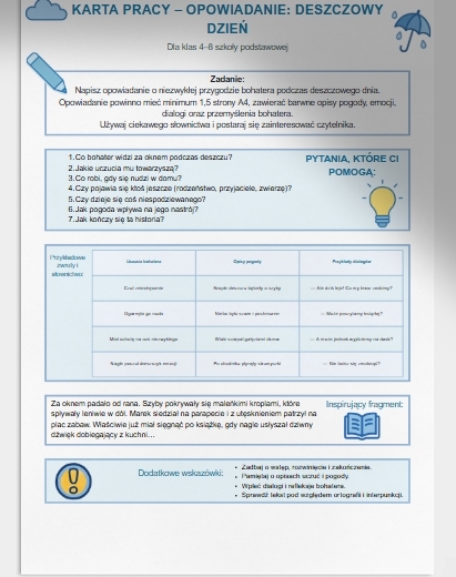 Karta pracy: "Opowiadanie – Deszczowy Dzień"