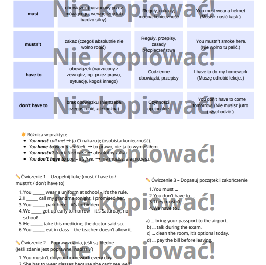 Karta pracy: Must czy Have to? B1