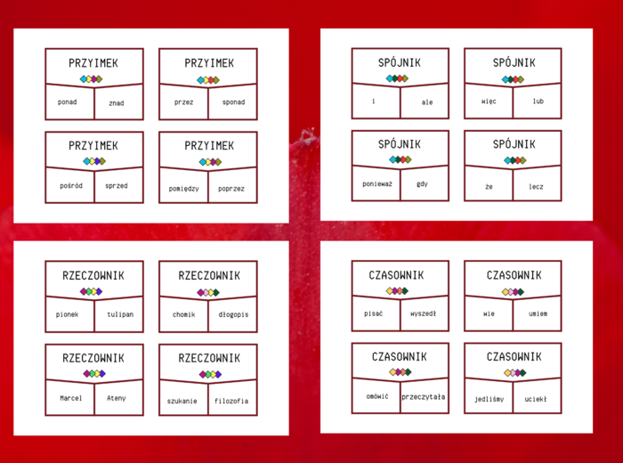 CZĘŚCI MOWY - układanka - egzamin - powtórka - 72 fiszki - gramatyka