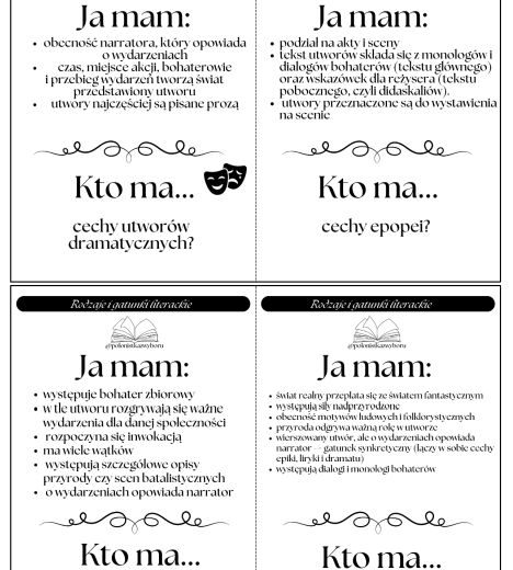 Karty Ja mam, Kto ma? Rodzaje i gatunki literackie, egzamin ósmoklasisty