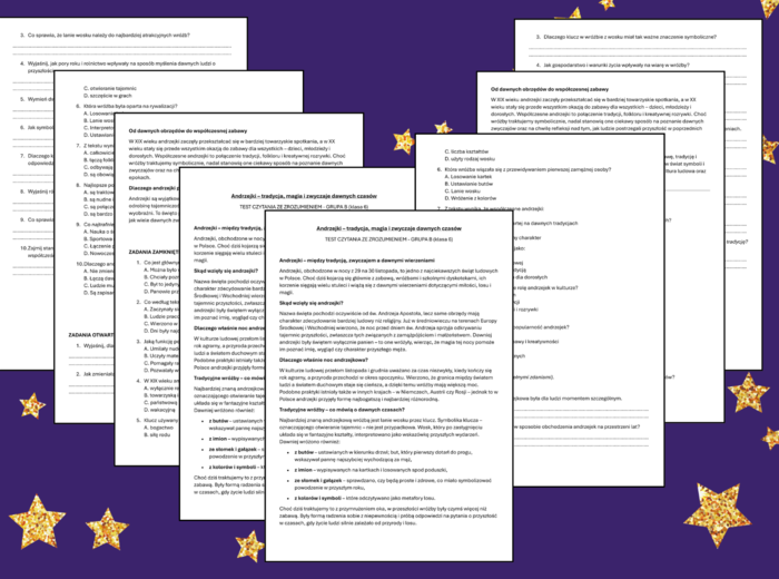 🔮✨ANDRZEJKI – tradycja, magia i zwyczaje dawnych czasów – test – 🎇 CZYTANIE ZE ZROZUMIENIEM – klasa 6 – 2 grupy + odpowiedzi