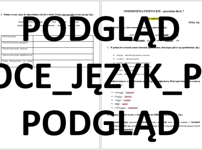 Upodobnienia fonetyczne / fonetyka - sprawdzian dla kl. 7 - 8 + KLUCZ ODPOWIEDZI