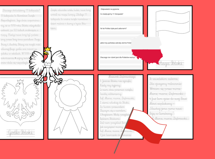 🇵🇱 ŚWIĘTO NIEPODLEGŁOŚCI – 8 stron zestaw do pisania po śladzie Terapia ręki + edukacja patriotyczna w jednym!