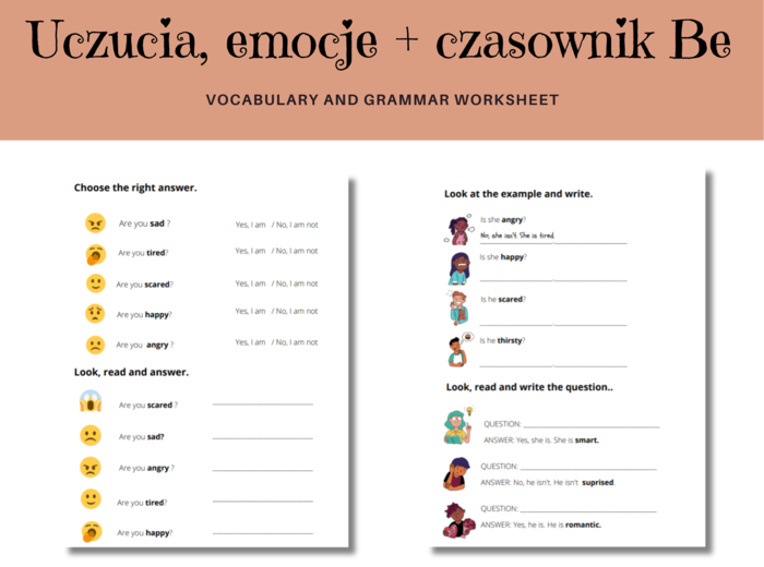 Karty pracy: uczucia i emocje, czasownik Be ( I am, I am not, Are you ...? Is she/he ...?, She/He is, She/ He isn't, Zaimek He, She