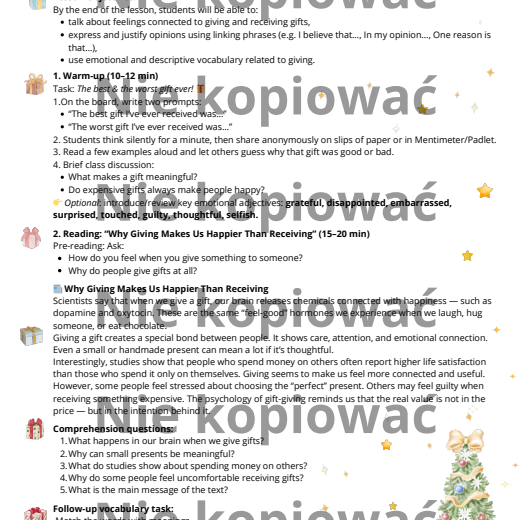 Karta pracy z czytanką The Psychology of Gift-Giving B1 przymiotniki opisujące emocje