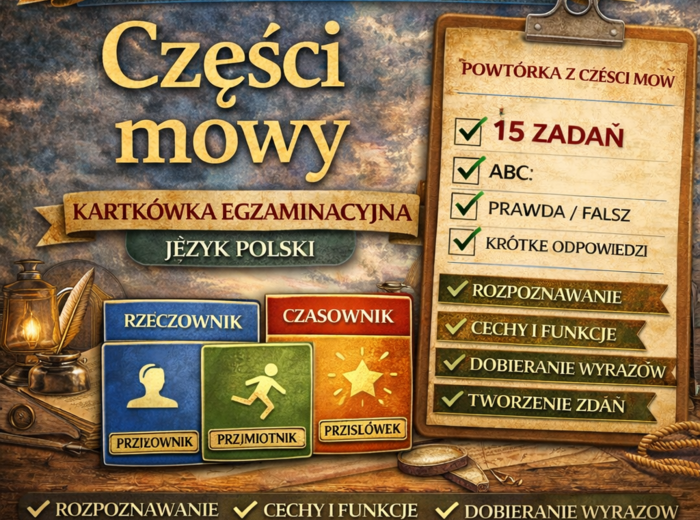 ✏️ Części mowy – kartkówka egzaminacyjna | powtórka przed egzaminem ósmoklasisty (15 zadań)