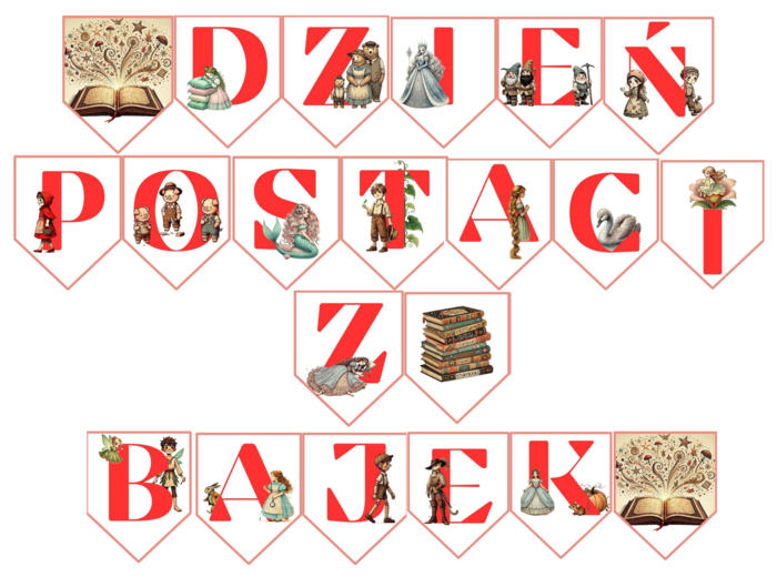 Dzień Postaci z Bajek -girlanda z napisem i ilustracje z postaciami z bajek