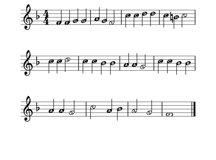 Kolęda Anioł pasterzom mówił. Duże nuty z literowymi nazwami dźwięków.