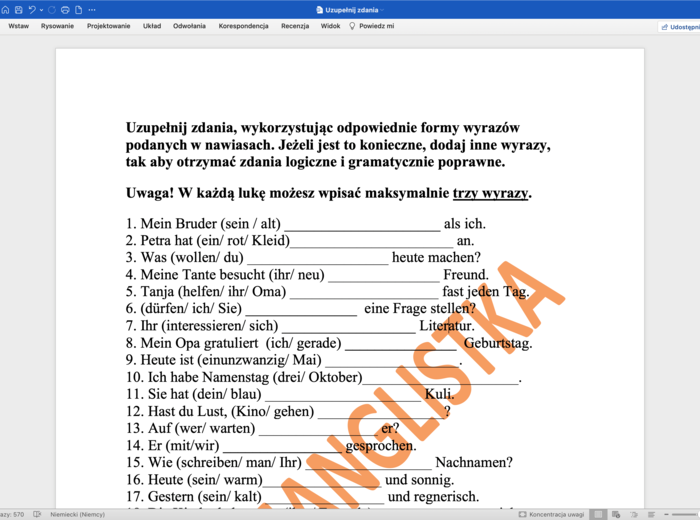 Uzupełnianie zdań - j.niemiecki - egzamin ósmoklasisty + KLUCZ
