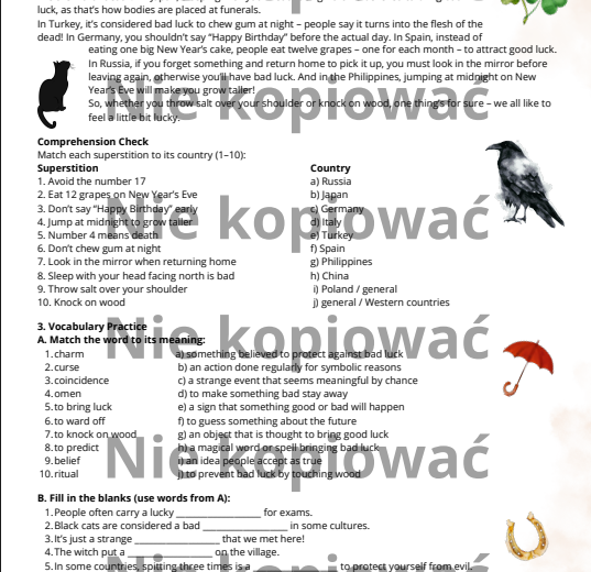 Karta pracy z czytanką Superstitions Around the World B1+/B2