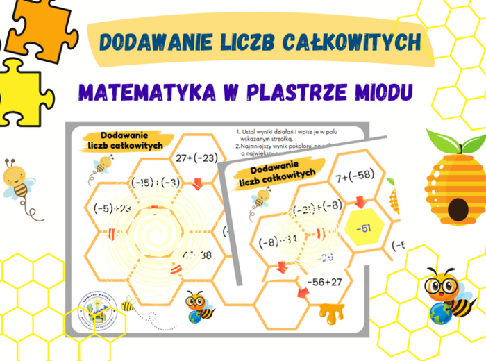 Dodawanie liczb całkowitych w plastrze miodu - karta pracy w 2 wersjach