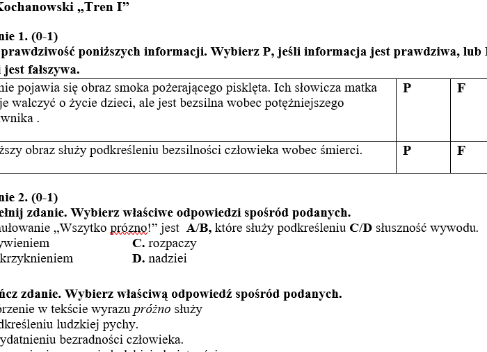 "Tren I" Jana Kochanowskiego - karta pracy