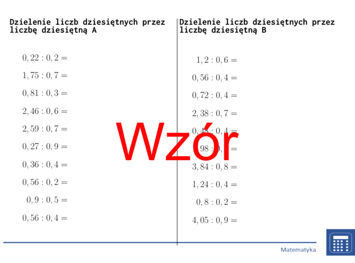 Dzielenie liczb dziesiętnych przez liczbę dziesiętną | matematyka | 26 kolumn