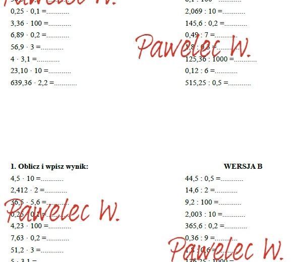 MNOŻENIE i DZIELENIE UŁAMKÓW DZIESIĘTNYCH - kartkówka, karta pracy - 2 grupy/wersje + odpowiedzi