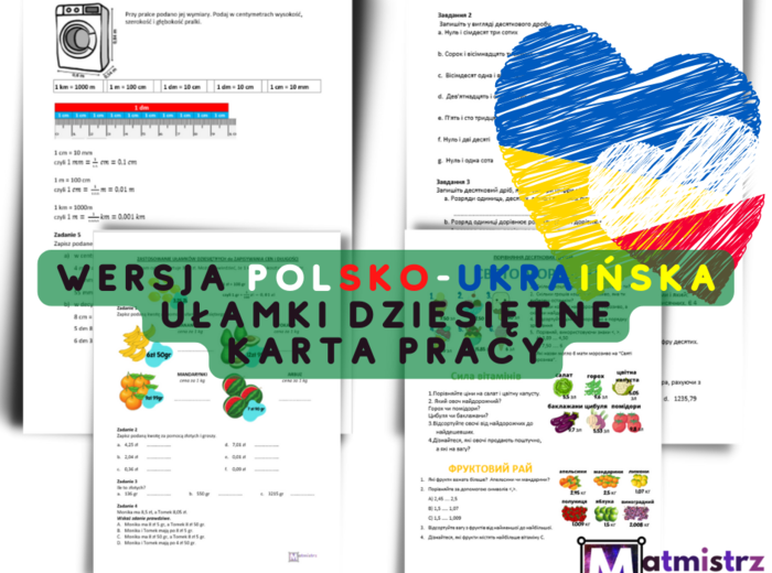 Karty pracy ułamki dziesiętne - wersja do edycji, z odpowiedziami. Wersja polsko-ukraińska.