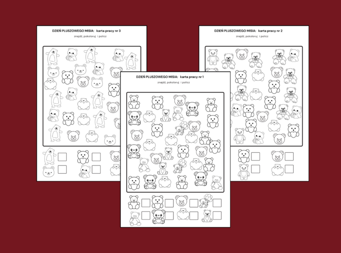 DZIEŃ PLUSZOWEGO MISIA – znajdź, pokoloruj i policz – 3 wersje – biblioteka – świetlica – przedszkole