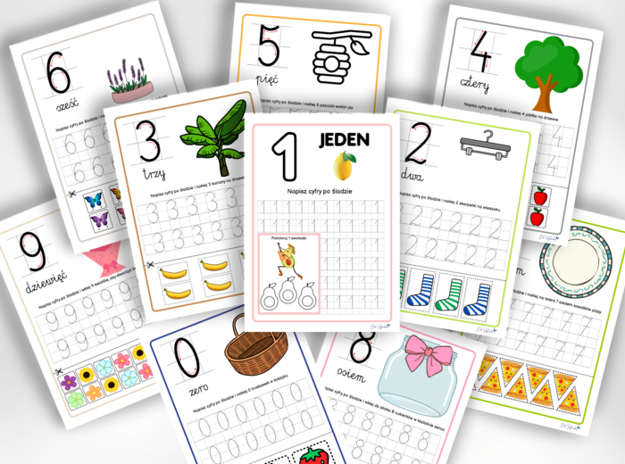 CYFRY 0-9 - liczenie, liczby, pisanie po śladzie, wyklejanie, wycinanie, wycinanka, zerówka, klasa 1