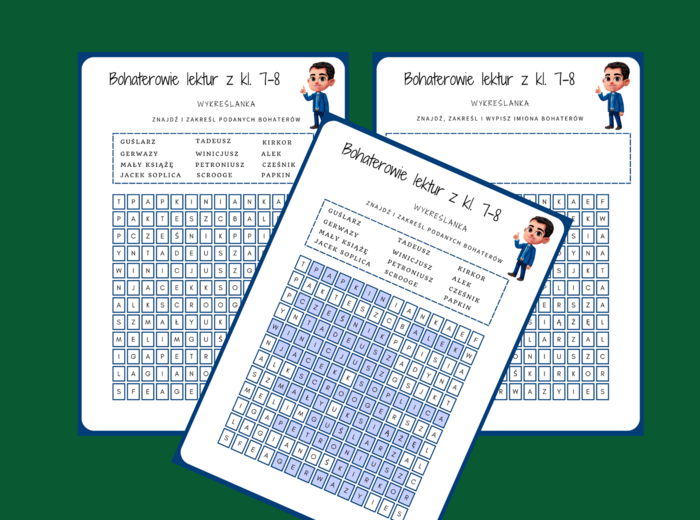 BOHATEROWIE LEKTUR z klas 7-8 - wykreślanka - powtórka - walentynki