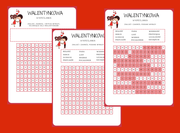 WYKREŚLANKA – WALENTYNKI – ćwiczenia redakcyjne, ortograficzne