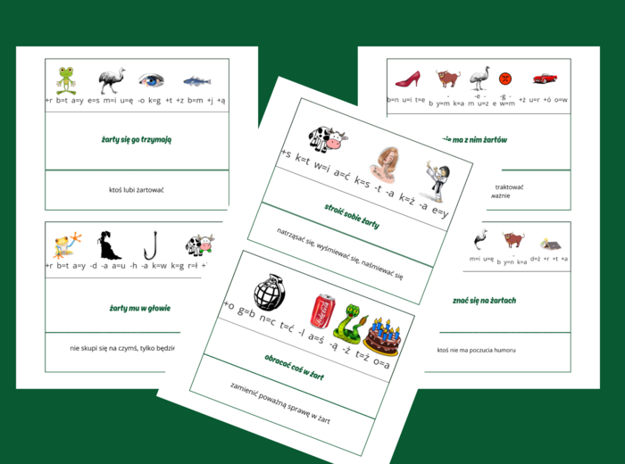 Primaaprilisowe żarty - REBUSY - ZWIĄZKI FRAZEOLOGICZNE - frazeologizmy - fiszki - Wielkanoc