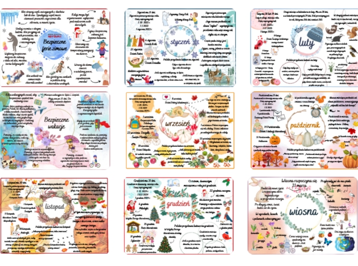 Miesiące + 4 pory roku + bezpieczne wakacje i ferie zimowe