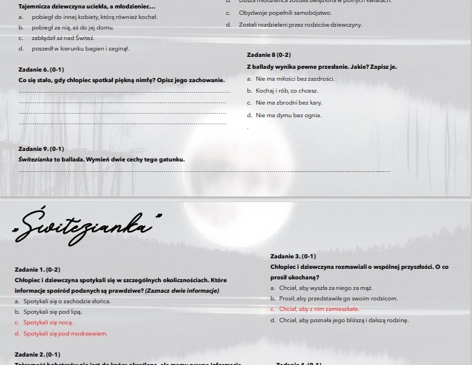 Zestaw testów powtórzeniowych/wprowadzających "Śmierć Pułkownika", "Reduta Ordona", "Świtezianka"