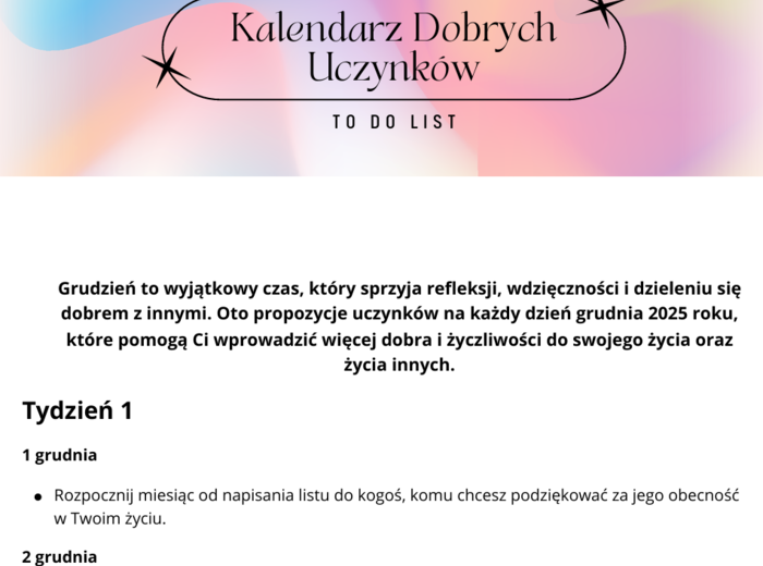 Grudzień pełen dobra – wyjątkowa karta pracy dla Twoich uczniów - Kalendarz Dobrych Uczynków - Godzina wychowawcza