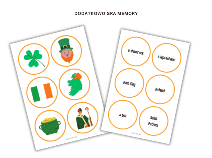 Saint Patrick Vocabulary Worksheet Set - Dzień Świętego Patryka - zestaw kart pracy ze słownictwem i tradycjami, dopasowanie, quiz, wykreślanka, czytanie ze zrozumieniem, dodatkowo karty do gry w memory