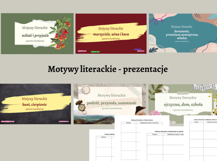 MOTYWY LITERACKIE - ZESTAW 6 PREZENTACJI - 15 motywów - 180 slajdów - lektury kl. 7-8, EGZAMIN - powtórzenie - 30% taniej + karty pracy