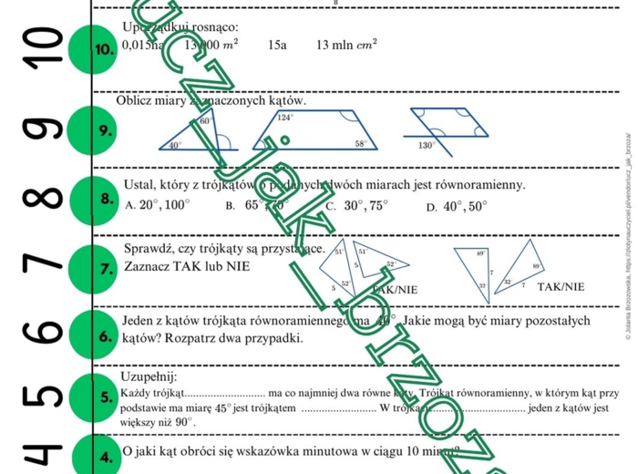 Figury geometryczne, klasa 7, sztafeta zadaniowa, powtórzenie przed sprawdzianem