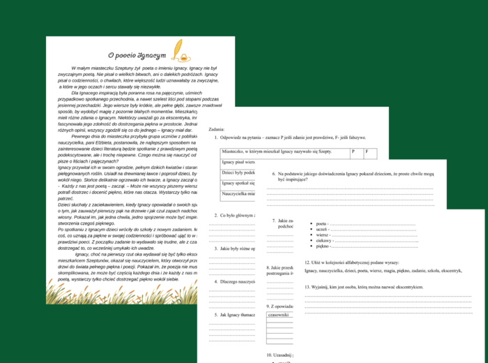 📚📝 DZIEŃ POEZJI - "O poecie Ignacym" - CZYTANIE ZE ZROZUMIENIEM - kl. 4-6 + odpowiedzi
