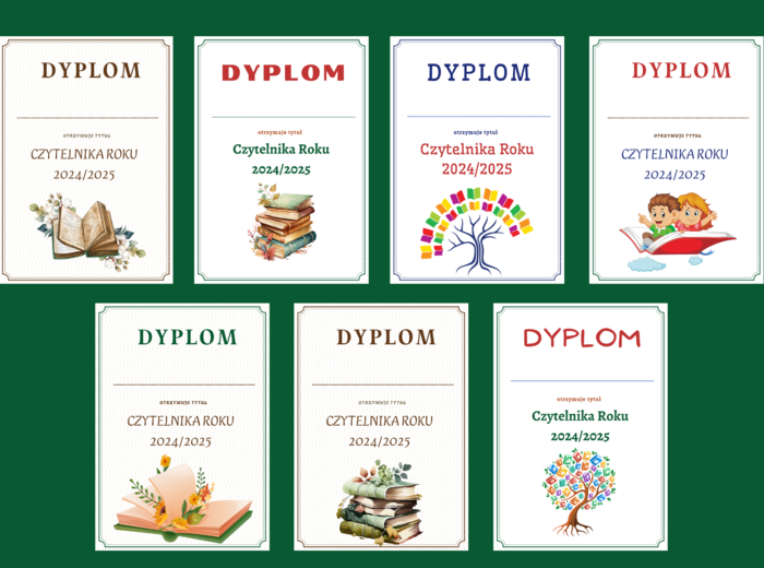 DYPLOM za czytelnictwo - dyplomy - CZYTELNIK ROKU - biblioteka - 14 wersji - zakończenie roku szkolnego