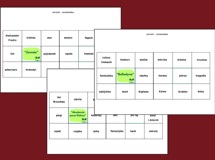 LEKTURY - klasy 4-8 - skojarzenia - fiszki - układanka - egzamin - powtórka - 19 str.