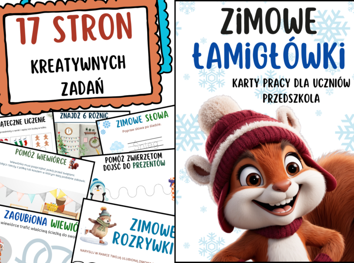 Zimowe łamigłówki - 17 stron kreatywnych ćwiczeń dla przedszkolaków