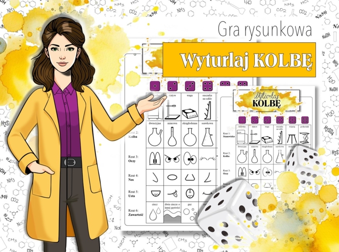 Klasa 1,2,3,4,5,6,7,8. Chemia. Gra rysunkowa. Wyturlaj kolbę. Rzuć i rysuj! Bajkowa chemia.