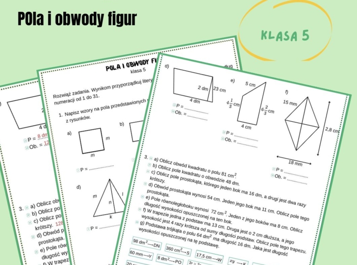 Pola i obwody figur, karta pracy z hasłem, klasa 5, praca w klasie, edukacja domowa