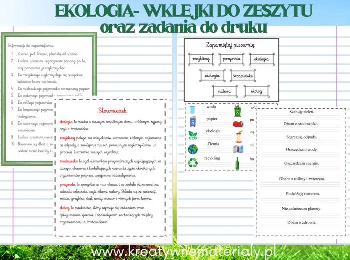 EKOLOGIA - DZIEŃ ZIEMI- wklejki o zeszytu, zadania do druku