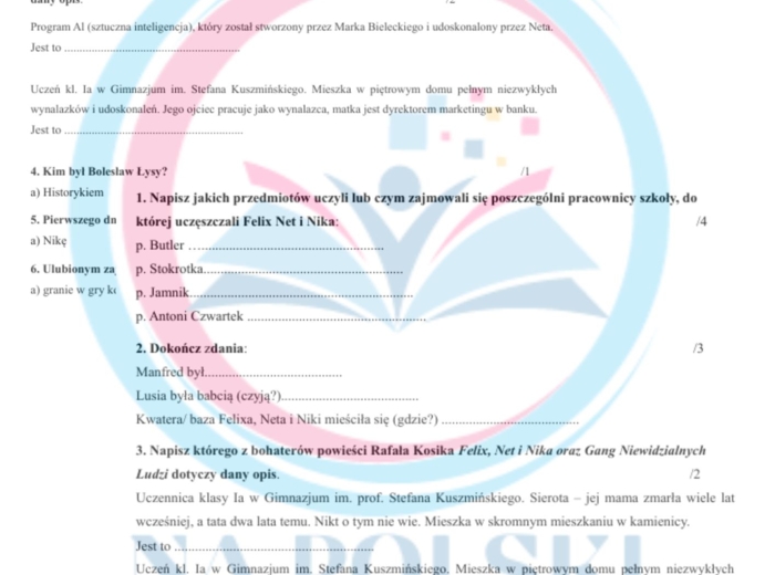 Felix, Net i Nika oraz Gang Niewidzialnych Ludzi - kartkówka ze znajomości treści lektury