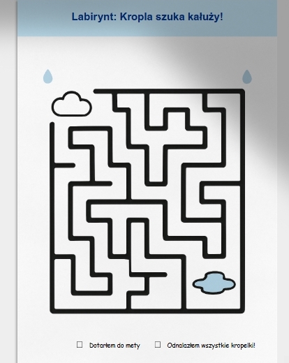 Karty pracy: kolorowanki związane z pogodą, labirynty, łączenie kropek.