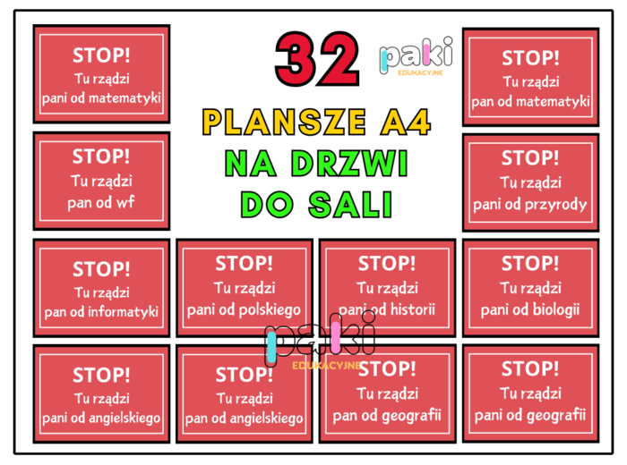 Napisy, tabliczki na drzwi, do sali Stop! Tu rządzi pan/ pani od...