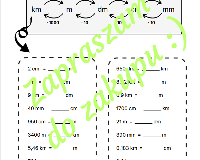 Zamiana jednostek długości - karta pracy/kartkówka.