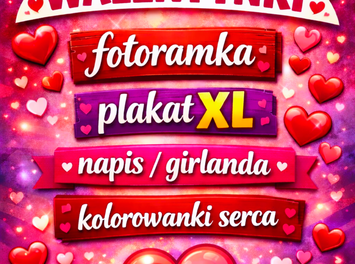 Pakiet WALENTYNKI: fotoramka + plakat XL + napis/girlanda + kolorowanki serca (PDF A4, dekoracja, gazetka)
