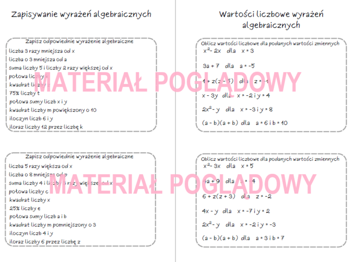 Szybkie karteczki – wyrażenia algebraiczne, sumy algebraiczne, jednomiany, redukcja wyrazów podobnych (karta pracy, kartkówka kl. 6, 7, 8)