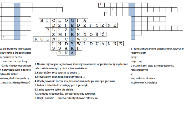 Logogryf na podsumowanie lekcji biologii w klasie 8 "Czym jest genetyka"