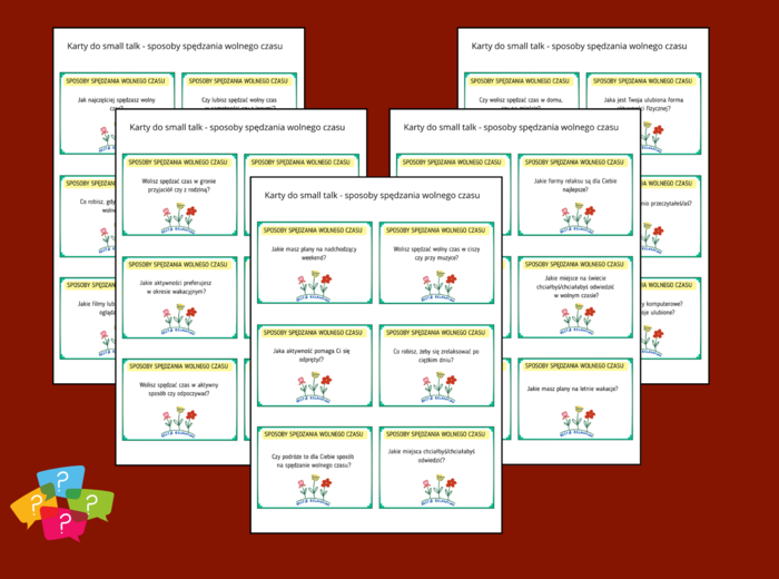 SPOSOBY SPĘDZANIA WOLNEGO CZASU - Karty do SMALL TALK - pytania uniwersalne - ZAJĘCIA Z WYCHOWAWCĄ - biblioteka - świetlica - gra