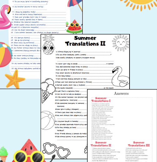 🏖75 Wakacyjnych Transformacji z Odpowiedziami – Angielski kl. 5–6 w wakacyjno-letnim wydaniu z kolorowymi grafikami i czarno-białą wersją do druku ☀️📄