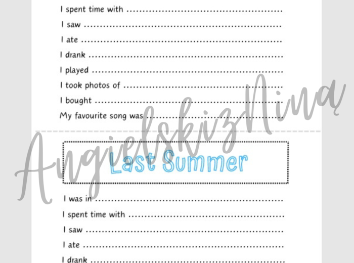 Last Summer - Past Simple - czasowniki nieregularne - karta pracy - wklejka - pomysł na rozpoczęcie roku - lekcja po wakacjach - dla dzieci - angielski - A2